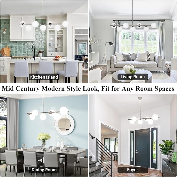 Brushed Nickel Mid Century Modern Chandelier, Linear Sputnik Bubble Pendant Light with Milk Glass Globes, Dimmable Dining Room Light Fixtures over Table for Kitchen Island Living Room Foyer Bedroom - Image 2