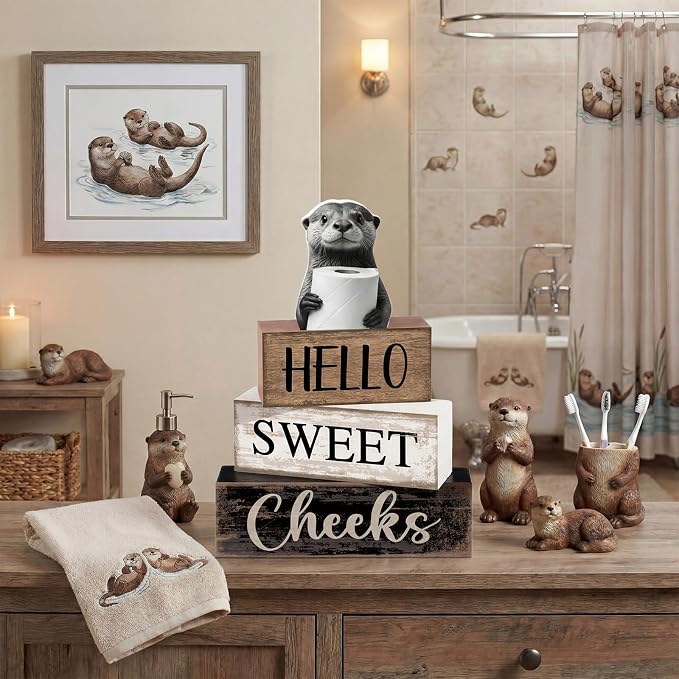 Moucuny 4 Pcs Otter Bathroom Decor Set Farmhouse Bathroom Decor and Accessories Rustic Hello Sweet Cheeks Wooden Blocks Signs with Toilet Paper Funny Toilet Shelf Decoration for Home Office Half Bath - Image 2