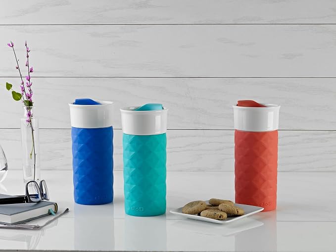 Ello Ogden 16oz Ceramic Travel Mug with Slider Lid and Sleeve, Teal | Splash-resistant ceramic travel mug with slider lid and protective silicone sleeve. BPA-free, great for coffee and tea. - Image 2