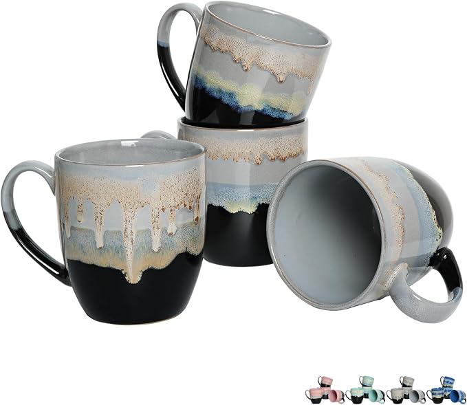 Bosmarlin Ceramic Coffee Mug Set of 4, 17 Oz, Coffee Cups with Big Handle, Microwave Safe, Unique Reactive Glaze (17 Oz, Grey) by Bosmarlin