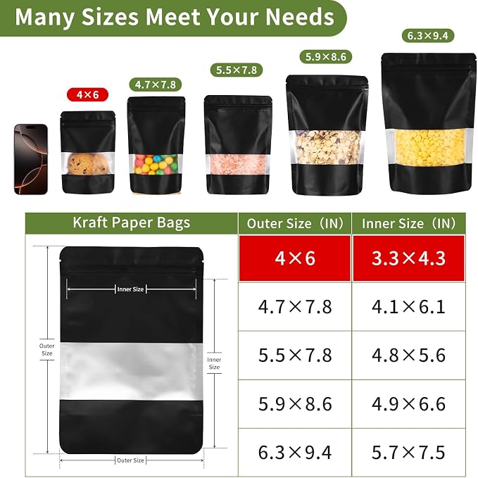 Motomy 100Pcs 4x6 Inch Stand Up Pouches Black Mylar Bags | Zipper Food Storage Coffee Snacks Baked Food Packaging for Small Business - Image 2
