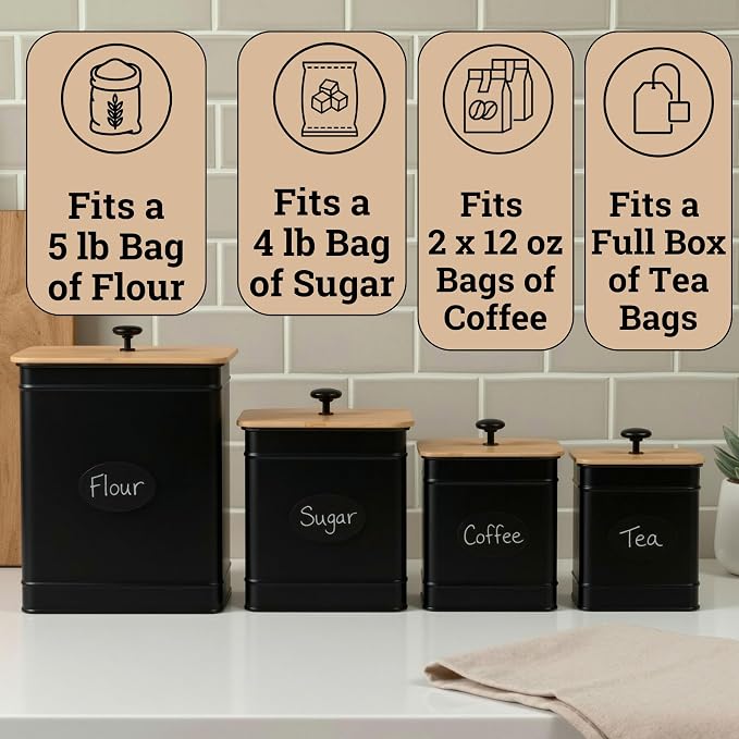 Kitchen Canisters for Countertop Set of 4 w/ Chalkboard Labels & Marker Pen | Airtight Easy Open Bamboo Lids, Dent-Resistant Thick Metal, Customizable Chalkboard Labels, Marker Pen Included, Set of 4 - Image 3