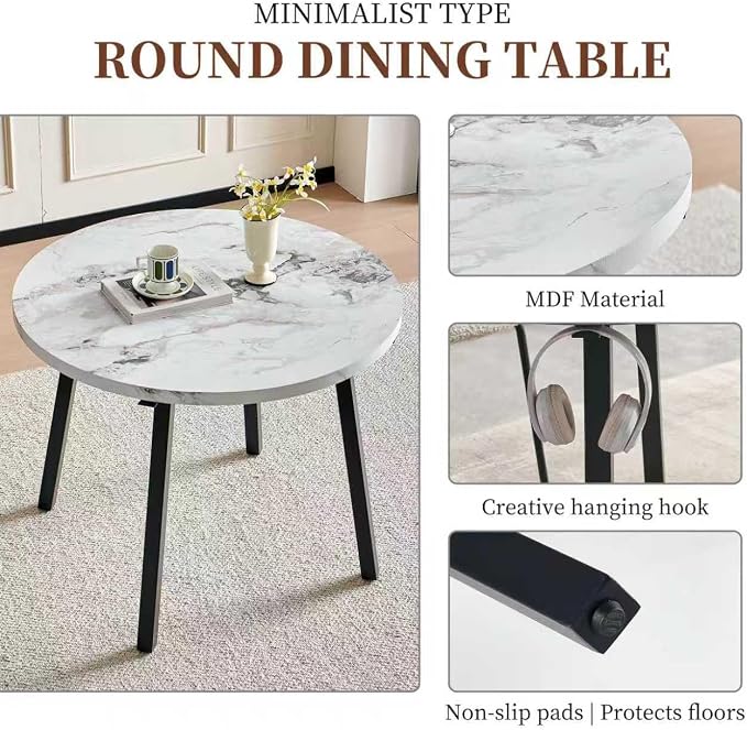 Small Round Dining Table Set for 4 People, 37" Modern Kitchen Table | 5-Piece Set, Faux White Marble MDF table, 4 Green Velvet Chairs, Easy Assembly, Space-saving, Fits Small Dining Room - Image 9