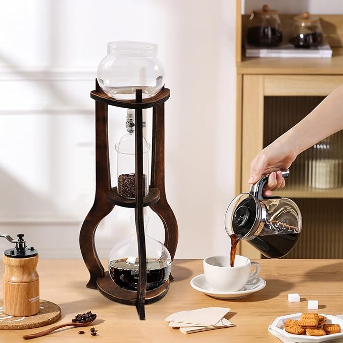 Cold Brew Coffee Maker & Iced Coffee Drip Tower, 600ml Wooden Slow Drip Coffee Maker for 6-8 Cups, Cold Brew Iced Tea Maker Machine for Home Office Use