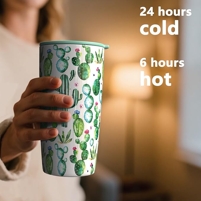TILUCK 20 oz Insulated Coffee Tumbler with BPA-Free Lid | Travel Coffee Mug, Dishwasher Safe, Cup Holder Friendly, Double-Wall Vacuum Insulation for Hot & Cold Drinks, Cactus - Image 3