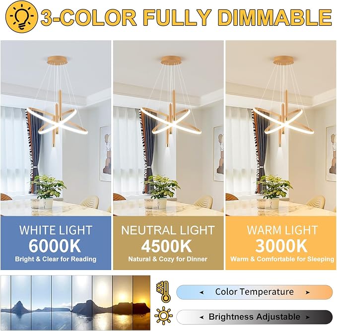 ORANOOR LED Gold Modern Chandeliers, Dimmable 24inch Kitchen Pendant Lights | LED Gold Dining Room Light Fixtures Ceiling Hanging Over Table, 2 Ring Round Chandelier for Dining Room Bedroom Living Room - Image 3