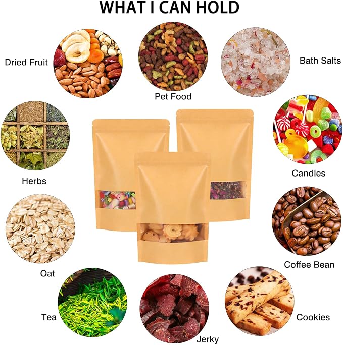 Moretoes 72pcs 7x10In Kraft Paper Resealable Bags with Window for Business | Stand Up Pouches, Ziplock Bags with Window, Home & Small Business Packaging for Granola, Coffee, Snacks, Herbs, Dried Goods - Image 5