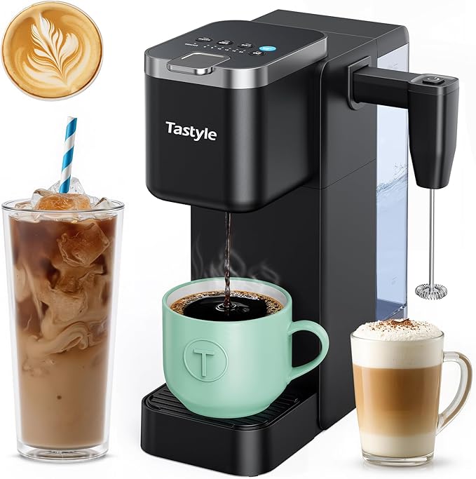 Tastyle Single Serve Coffee Maker with Built-in Detachable Milk Frother | For K Cups & Grounds, 40oz Removable Water Tank, 6 Brew Sizes, 2 Drip Trays, BPA Free, Fits 7.3" Travel Mug, K330MF, Black by Tastyle