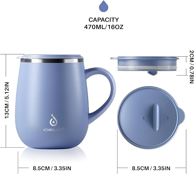 Ideus 16 oz Insulated Coffee Mug with Handle and Lid, Double Wall Stainless Steel Vacuum Thermal Coffee Mug, Travel Coffee Cup Thermal Cup for Home and Office, Ocean Blue 2.0 - Image 5