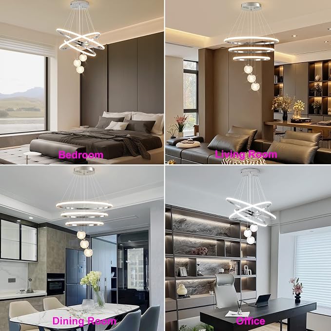 ORANOOR LED Modern 3 Ring Chandeliers, 24inch Dimmable Kitchen Pendant Lamp | Silver Dining Room Light Fixtures Ceiling Hanging Over Table, Globe Round Chandeliers for Living Room Dining Room, Chrome - Image 6