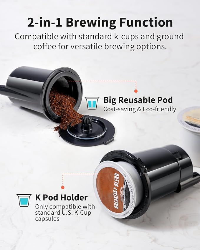 KIDISLE Hot & Iced Single Serve Coffee Maker for K Cup & Grounds, 6–16oz Brew Sizes, 40oz Water Tank, Reusable Pod Filter, Easy-to-Use for Home, Office, Dorm, Black - Image 3