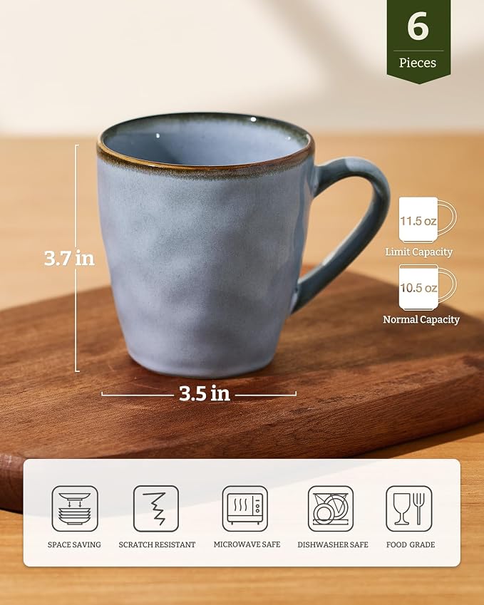 famiware Coffee Mugs Set of 6,Ocean Round 11.5oz Coffee Cup Set with Handle for Cocoa, Milk, Hot Chocolate, Tea or Water, Stoneware Cups for Kitchen, Reactive Glaze, Microwave Dishwasher Safe, Blue - Image 4
