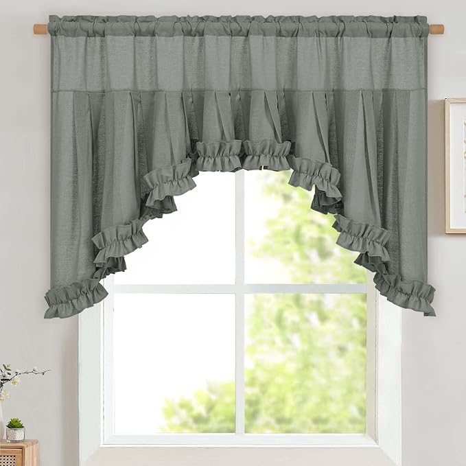 Likiyol Linen Valances for Windows Farmhouse Ruffle Swag Valance Rustic Country Window Valances Light Filtering Kitchen Curtains Rod Pocket Valance Curtains for Bathroom Cafe, Grey, 60" W x 36" L by Likiyol