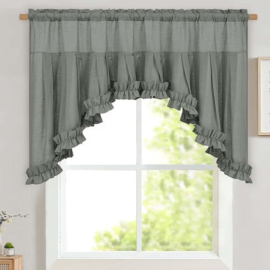 Likiyol Linen Valances for Windows Farmhouse Ruffle Swag Valance Rustic Country Window Valances Light Filtering Kitchen Curtains Rod Pocket Valance Curtains for Bathroom Cafe, Grey, 60" W x 36" L by Likiyol
