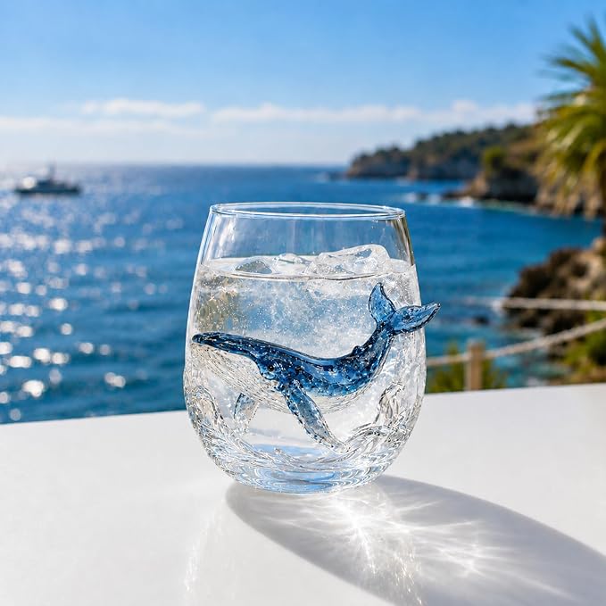 Coastal Stemless Wine Glasses Set of 4, 12oz 3D Ocean Animal Artisan Glassware Collection with Unique Sea Life Designs (B - Set of 1) by Lifmagic
