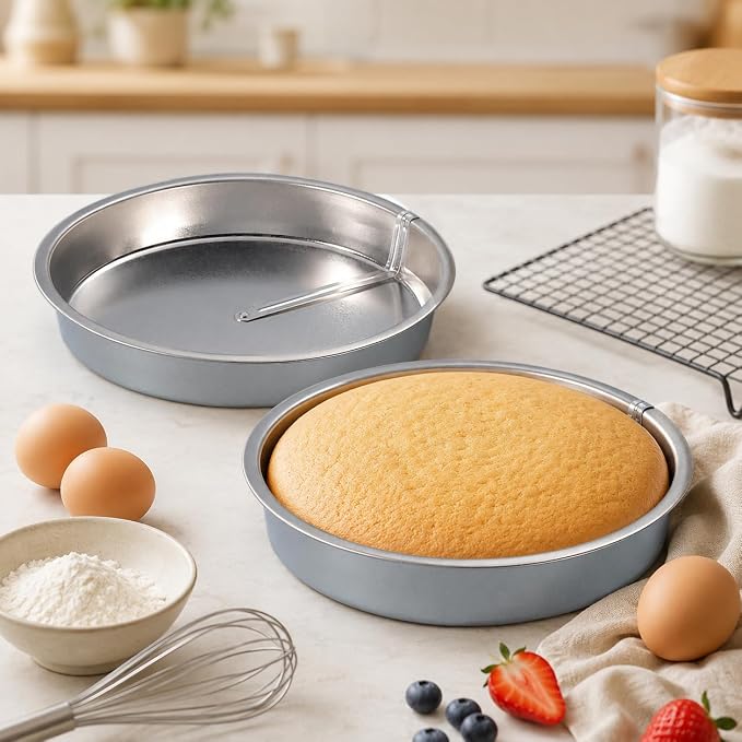 Easy Release Cake Pan Set of 2, 360° Lever, Tinplate, Silver, 8 Inch | Creates Professional Layer Cakes, Even Heat Distribution, Effortless Cake Removal, Ideal for Home Baking, Hand Wash Care - Image 2