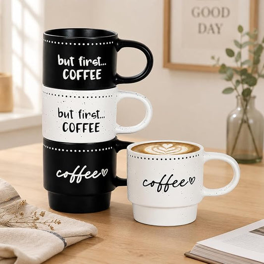 10oz Stackable Coffee Mugs Set of 4, Modern Ceramic Coffee Mug | Coffee Cup for Man, Woman, Dad, Coffee Mug Set for Hot Drinks, Coffee, Cocoa & Tea, Latte Mugs Cup Set for Home & Office Use by Seworlan