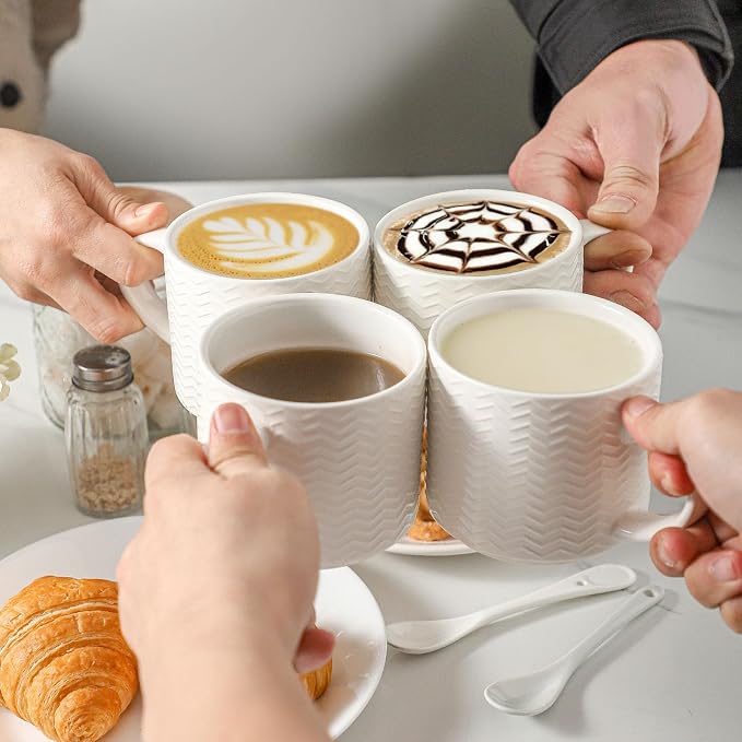 HASENSE Coffee Mugs 12 OZ Ceramic Cups Set of 4, Stackable Embossed Coffee Cups with Rack, Porcelain Coffee Cups for Latte, Cappuccino, Mocha, Cocoa, Americano, Hot Tea and Milk, White - Image 2