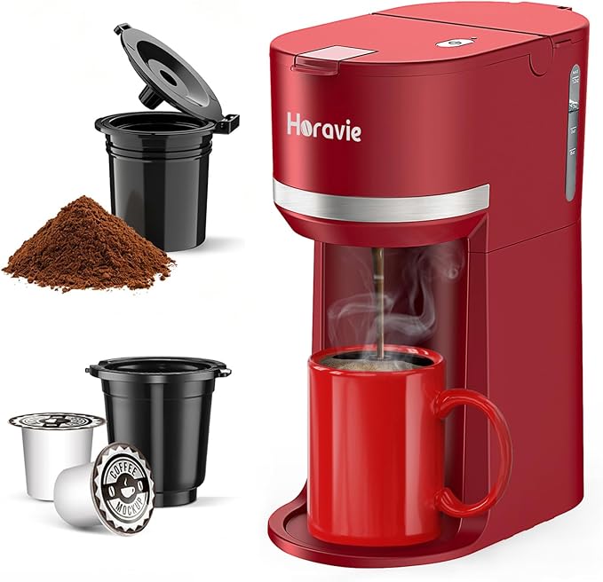 Horavie Mini Single Serve Coffee Maker for K-Cup Pods and Grounds, Fast Brew One Cup Coffee Machine with Descaling Reminder and Water Window, 6 to 12 oz. Brew Sizes, Red by Horavie