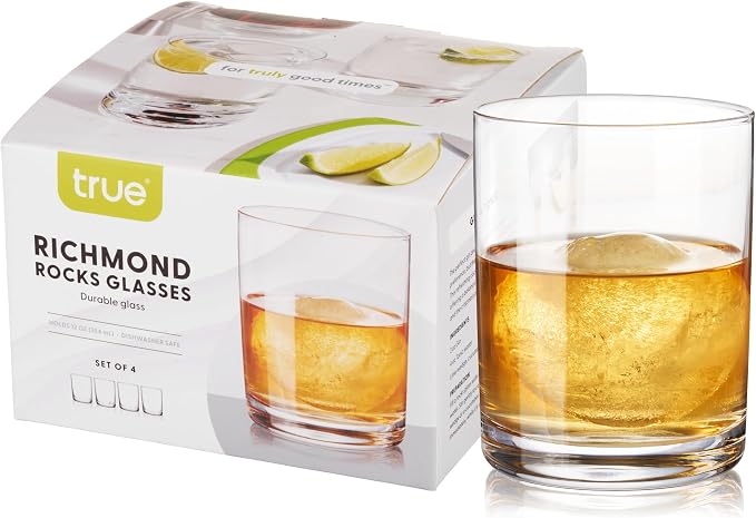 True Rocks Glass, Whiskey Tumblers, Old Fashioned Bourbon Scotch Brandy Rum Drinking Glasses, Whiskey Glasses Perfect for Wedding, Anniversary, Housewarming, Cocktail Party, Home Bars, 12 oz, Set of 4 by True