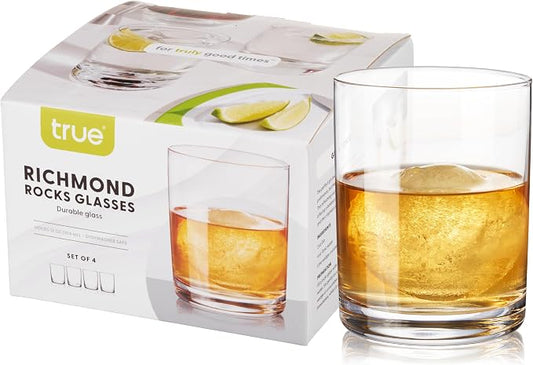 True Rocks Glass, Whiskey Tumblers, Old Fashioned Bourbon Scotch Brandy Rum Drinking Glasses, Whiskey Glasses Perfect for Wedding, Anniversary, Housewarming, Cocktail Party, Home Bars, 12 oz, Set of 4 by True