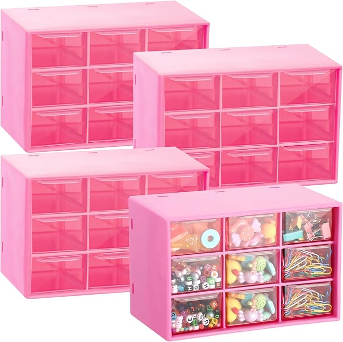 Marsui 4 Pack Desktop Storage Organizer with 9 Drawers Craft Organizer with Mini Drawers Plastic Organizers and Storage Containers for Craft Art Jewelry Cosmetics Sewing Supplies Accessory(Rose Pink)
