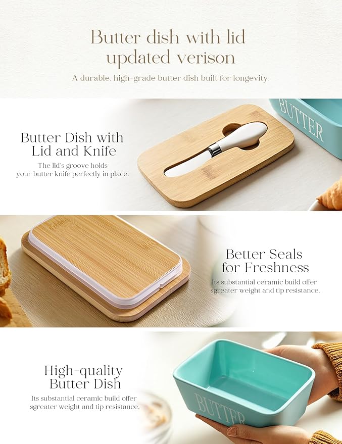 Ceramic Butter Dish with Lid and Knife & Silicone Seal for Countertop Green | Suitable Capacity, Great Sealing, Home Decor Kitchen Gift Housewarming Gift - Image 4