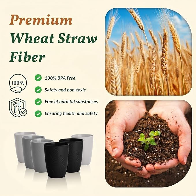 Homienly Glasses Drinking Set 12 OZ Wheat Straw cups- Reusable Drinking Vessel,Dishwasher Safe Cups for Kitchen-Grey Stone - Image 4