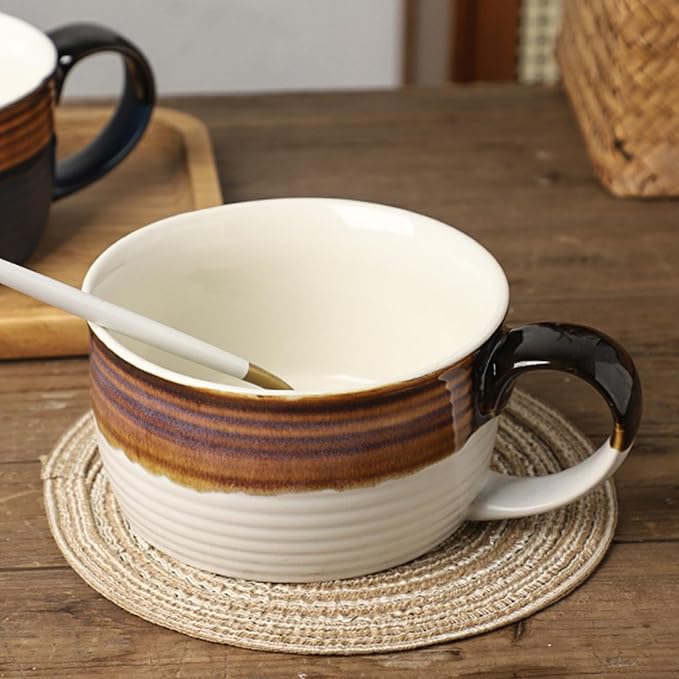 Disoza Blue & Brown Large Ceramic Soup Mug with Handles 24 OZ Oversized Bowl Porcelain 700 ML Coffee Tea Cup XXL Cereal Soups Ramen Salad Bowl - Image 3