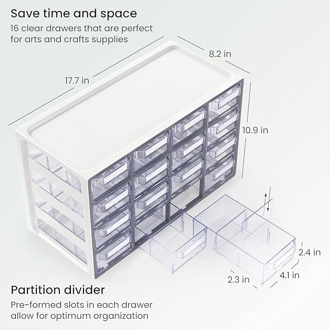 Arteza 16 Drawer Organizer and Storage Cabinet – Clear Plastic, Stackable Drawers for Makeup, Crafts, Sewing, Office Supplies, Small Parts & Tools.