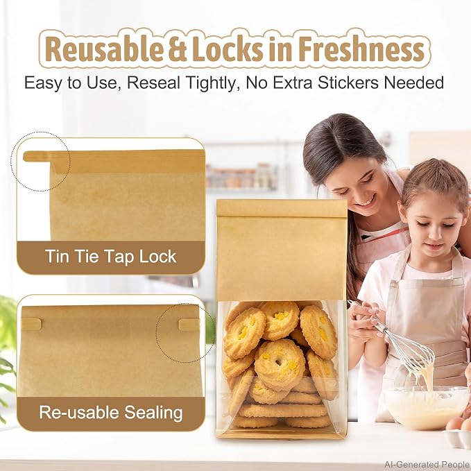 Bakery-Grade Bread & Cookie Bags for Homemade Snack, 2-Size 25Pcs | Luxury Brown Paper Bags with Clear Window, Reusable Tin Tie, Odor-Free Safe for Sourdough, Popcorn, Bake Sales& Snack Storage - Image 5