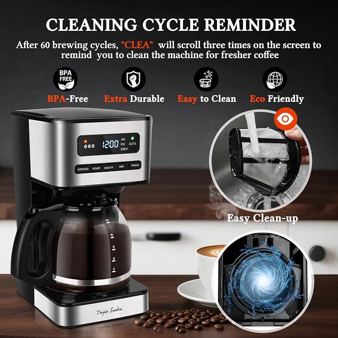Taylor Swoden Programmable Coffee Maker 12 Cup, Black & Stainless Steel | Hot and Iced Coffee Maker, 4 Brew Strength, LED Display, 24H Timer, Keep Warm&Auto Shutoff- Drip Coffee Machine for Home - Image 6