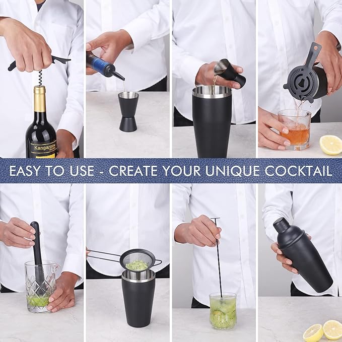 11Pcs-Cocktail Shaker Set Black Bartending Kit 25oz Cocktail Bar Set Cocktail Mix Drink Making Kit Professional Bar and Home Drink Bar Tools for Bartender(Matte Black)