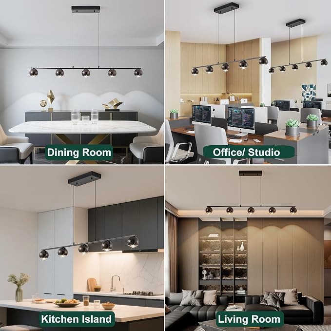 ORANOOR Modern LED Pendant Light, Dimmable 47in Linear Globe LED Chandelier | Black & Gold Chandelier Dining Room Hanging Light Fixtures, Kitchen Island 5-Globe Pendant Lighting for Dining Table (3150lm) - Image 8