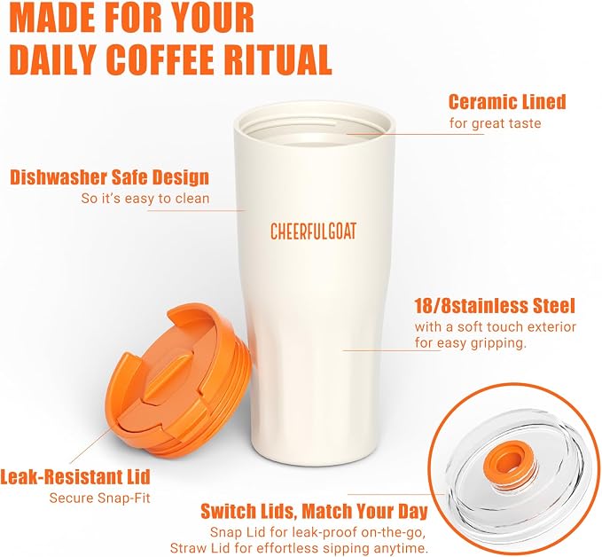 CHEERFUL GOAT Ceramic Lined Coffee Travel Mug – Stainless Steel Travel Coffee Tumbler with Ceramic Liner, with lid, 21 OZ Cup for Hot and Cold Water Coffee at Home, Office, or On the Go (White) - Image 4