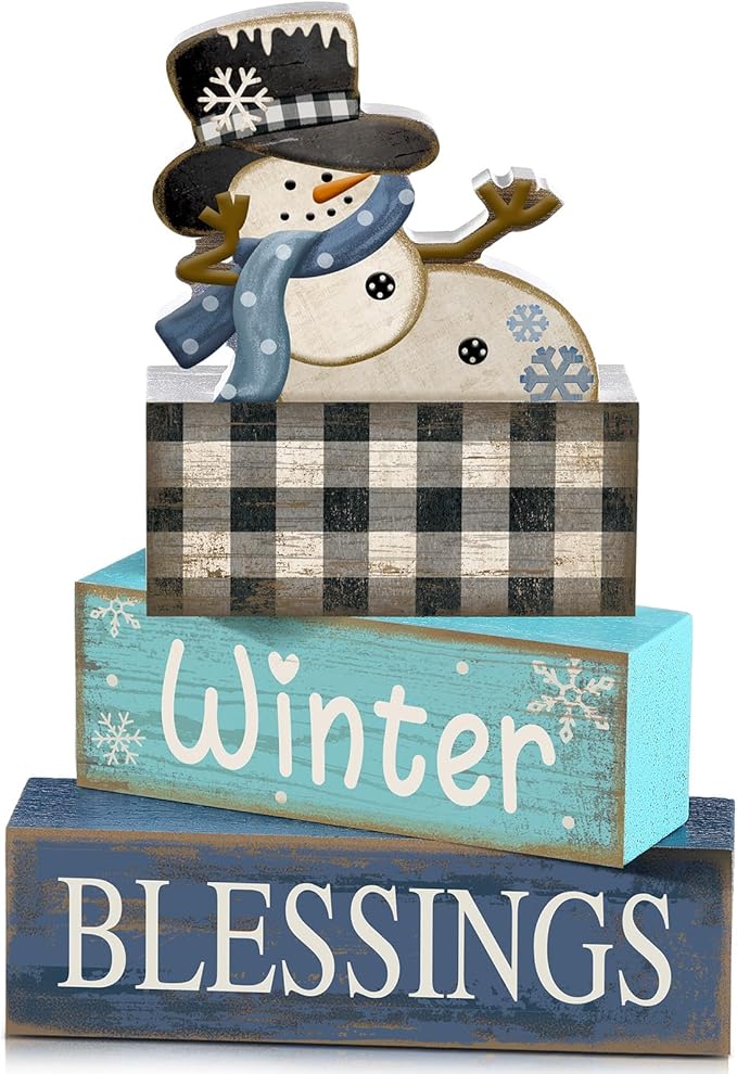 Moucuny 4 Pcs Winter Table Decorations Playful Snowman Decor Indoor Winter Tiered Tray Decor Rustic Wooden Decorative Snowman Block Sign Gift Snowflake Centerpiece Farmhouse for Home Kitchen by Moucuny