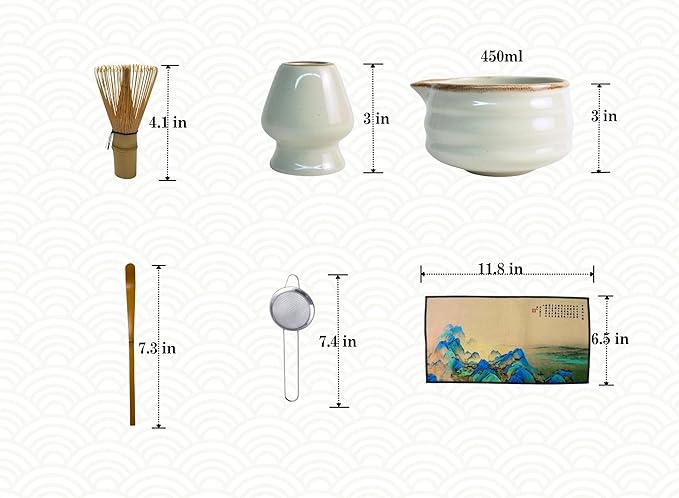 Matcha Whisk Set, Ceramic Matcha Set Includes Matcha Bowl, Matcha Whisk Chasen and Whisk Holder, Sifter, Bamboo Scoop, Scoop Rest and Tea Towel-7 Pcs Matcha Kit for Matcha Lovers, Misty Gray