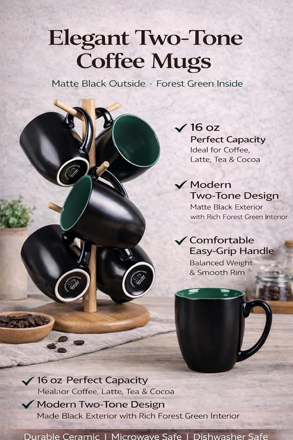 GBhome 16oz Coffee Mugs Set of 6, Large Ceramic Coffee Mugs for Man, Woman, Dad, Mom, Modern Coffee Mugs Set with handle for Tea/Latte/Cappuccino/Milk/Cocoa. Dishwasher&Microwave Safe,Green - Image 6