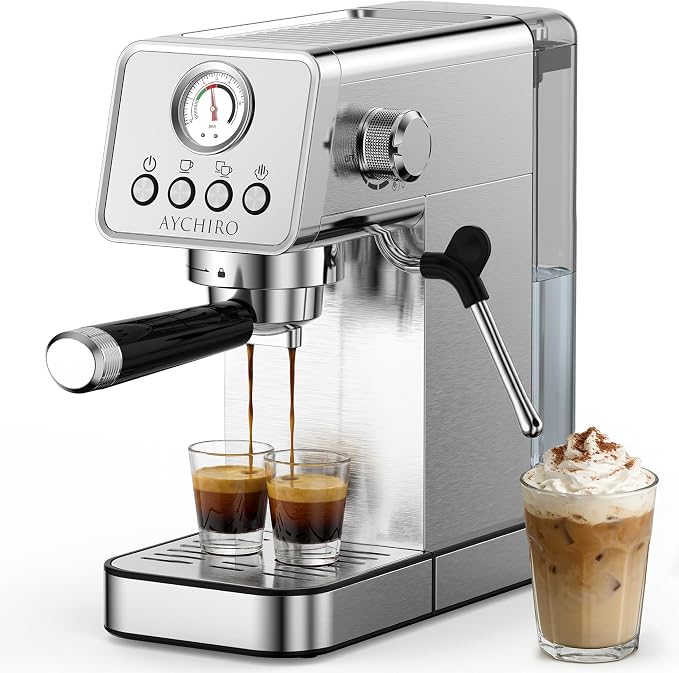 AYCHIRO 20 Bar Espresso Machine with Pressure Gauge, Compact Semi-Automatic Espresso Maker with Steam Wand, 1350W Fast Heating Coffee Machine with Removable 37oz Water Tank for Home Office by AYCHIRO
