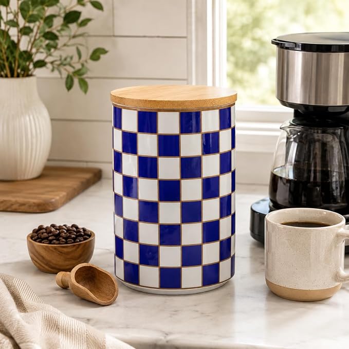 Kitchen Countertop Ceramic Checkered Canisters,Black And White Food Storage Containers With Lid,Airtight Kitchen Canisters for Flour, Sugar, Coffee, Tea, and Dry Goods (Blue, XL) - Image 8