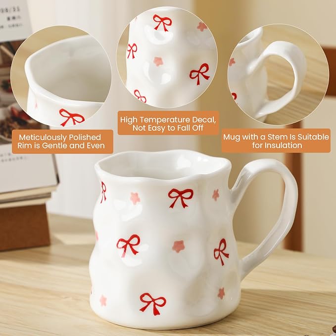 Ceramic Cute Coffee Mug,14 oz Pretty Mug,Unique Coffee Mug (Bows).Ceramic Mug For Women,Hand-Painted Coffee Cup - Image 2