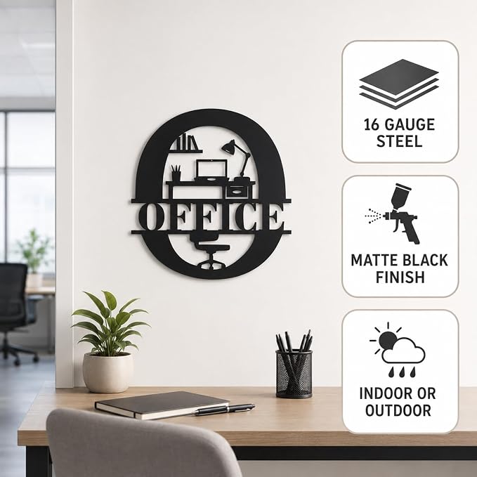 Office Metal Wall Decor, Modern Home Office Sign, 14 Inch | 14-inch matte black metal office sign with pre-drilled holes for home offices, workspaces, studios, and professional decor. - Image 4