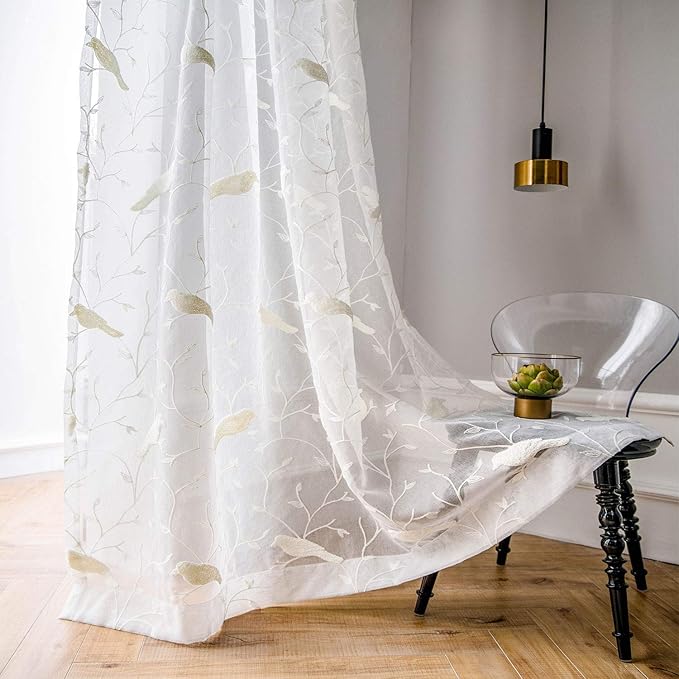 White Rod Pocket Sheer Curtains 102 inches Long Birds Embroidered Window Curtain Sheer Voile Panels for Living Room & Bedroom, Set of 2 | Airy Voile Fabric, Soft Natural Light, Country Home Decor, for Living Room and Bedroom by VOGOL