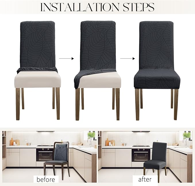 MOSAYT 100% Waterproof Dining Room Chair Covers Set of 6, Super Fit Stretch Jacquard Parson Chairs Slipcovers Removable Washable Chair Seat Protectors for Home, Kitchen, Banquet (Dark Grey - XL) - Image 5