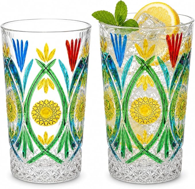 Tumbler Glasses 14oz Drinking Glasses Set of 2, Hand Painted Floral | Highball Glasses Lead-Free Crystal Tall Water Glass Glassware for Mojito, Cocktail, Juice, Bar, Kitchen & Everyday Use by Unknown