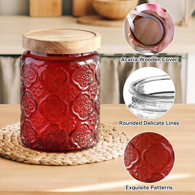 Comeon Vintage Glass Jar With Lid, Food Storage Container Set | Durable Glass Jar With Lid, Ideal For Kitchen And Office, Multipurpose Storage，Red Birchapple Flowers - Image 2