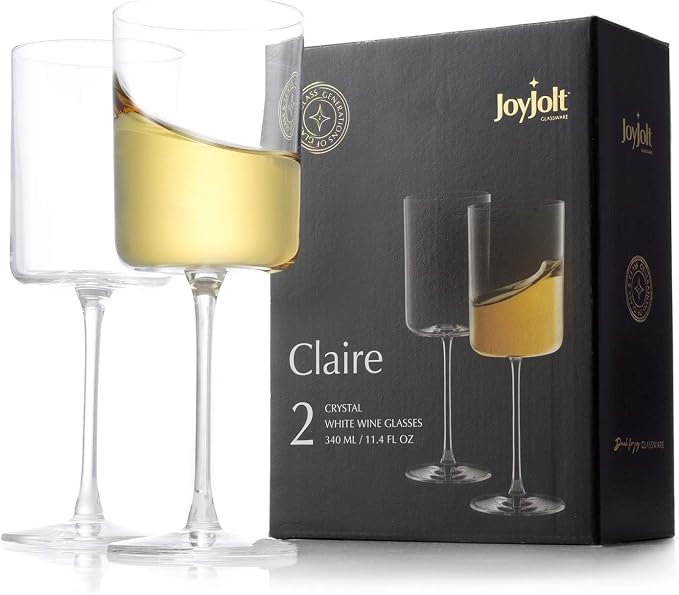 JoyJolt Claire 11.4oz White Wine Glass Set of 2, Elegant Crystal Stemware Stemmed Wine Glasses Made in Europe, Unique and Modern Glasses with Stem by JoyJolt