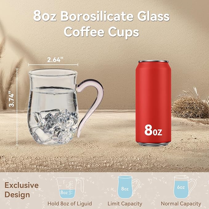 COMI Glass Coffee Cups,8oz Clear Coffee Cups Set of 6,Lightweight Glass Mugs with Colorful Handles,Heat Resistant & Explosion-Proof, Perfect for Home, Cafe, Office - Image 5