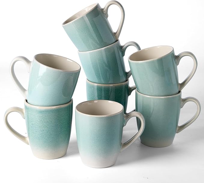famiware Coffee Mugs Set, 13 oz Mug Set of 8, Stoneware Cups for Latte, Hot Tea, Mocha, Cocoa, Cappuccino, Microwave and Dishwasher Safe, Glacier Series, Aqua by Famiware