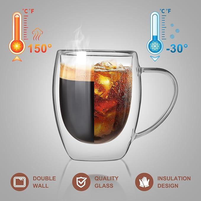 FrutPunch Double Walled Glass Coffee Mugs Set of 2,12 oz Glass Coffee Cups | Clear Borosilicate Glass Mugs with Handles, Suitable for Cappuccinos, Lattes, and Other Hot Beverages - Image 3